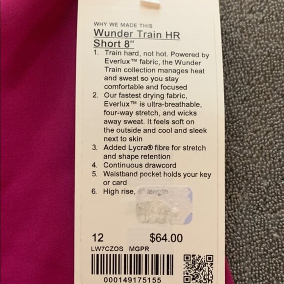 lululemon athletica Magenta Wunder Train HR 8 inch Shorts, size 12, NWT - Picture 4 of 7